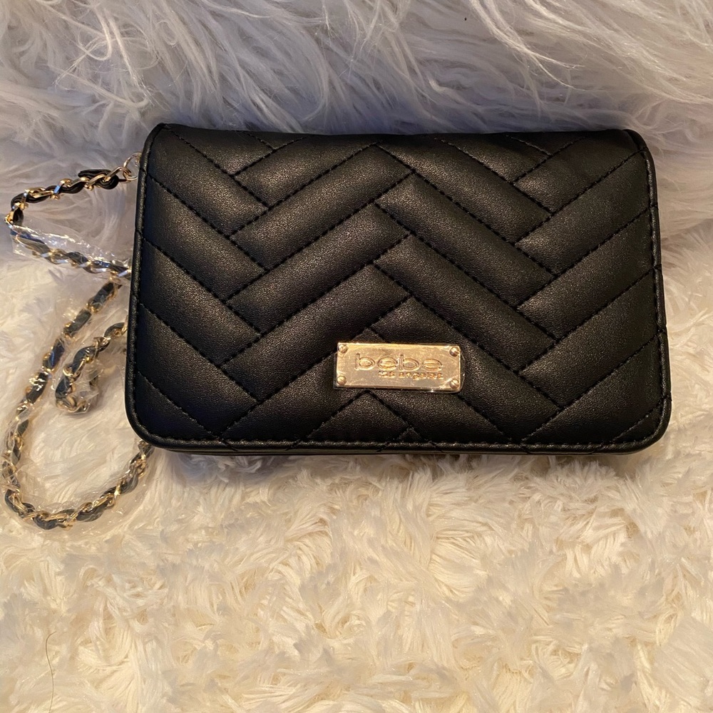 BEBE Sophia Stamped Logo Crossbody Black Leather